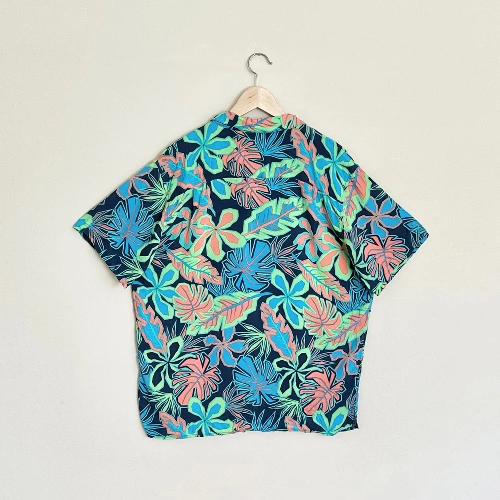 Party Pants Neon Palm Leaf Tropical Hawaiian Button Down Shirt Men’s size Large